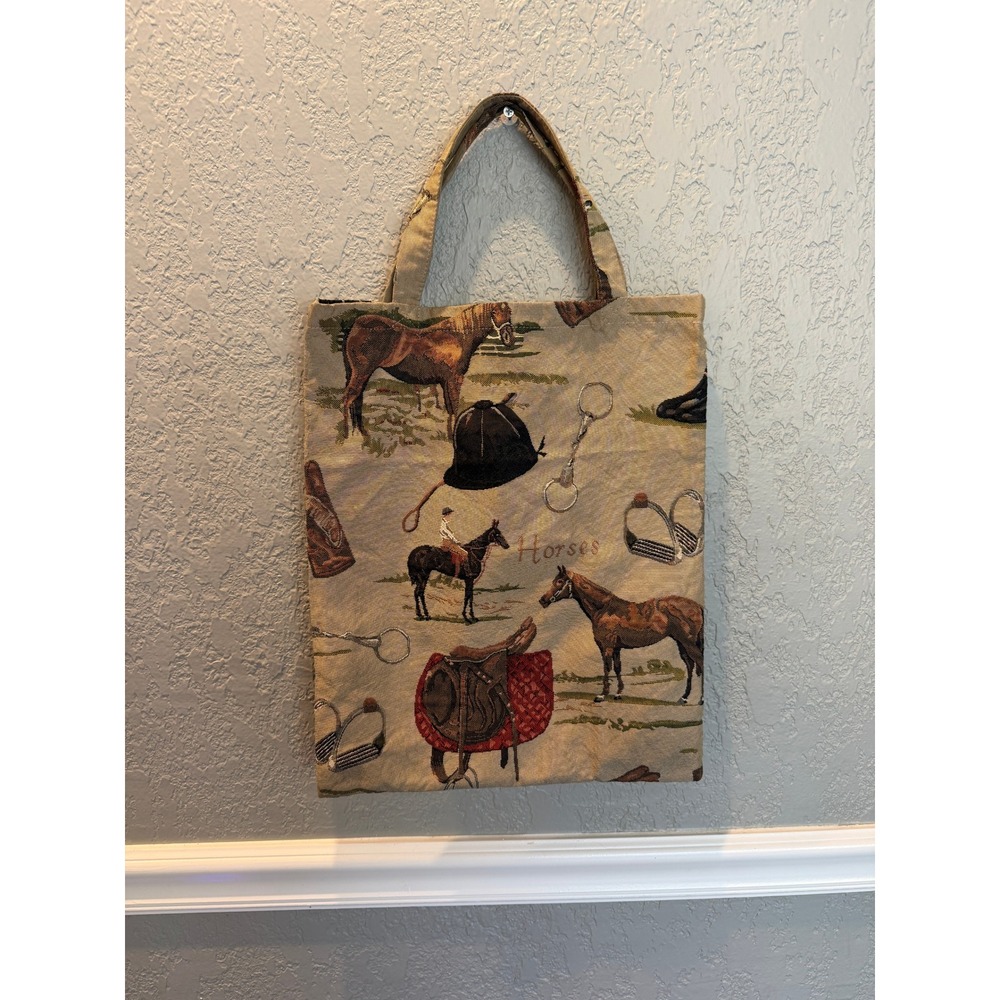 Vintage Equestrian Woven Tapestry Tote Bag Horse Saddle Riding Boots Tan